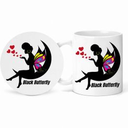 Black Butterfly Fairy Mug and Coaster Set
