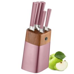 Professional 6 Pieces Knife Set With Block - Premium German Steel Chef Knife Set With Hollow Handle (Color: Pink)