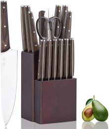 Commercial Home Kitchen Knife Sets 15 Piece With Block Chef Knives Hollow Handle Cutlery Set Etc (Color: Dark Brown, Type: Kitchen Surpplice)